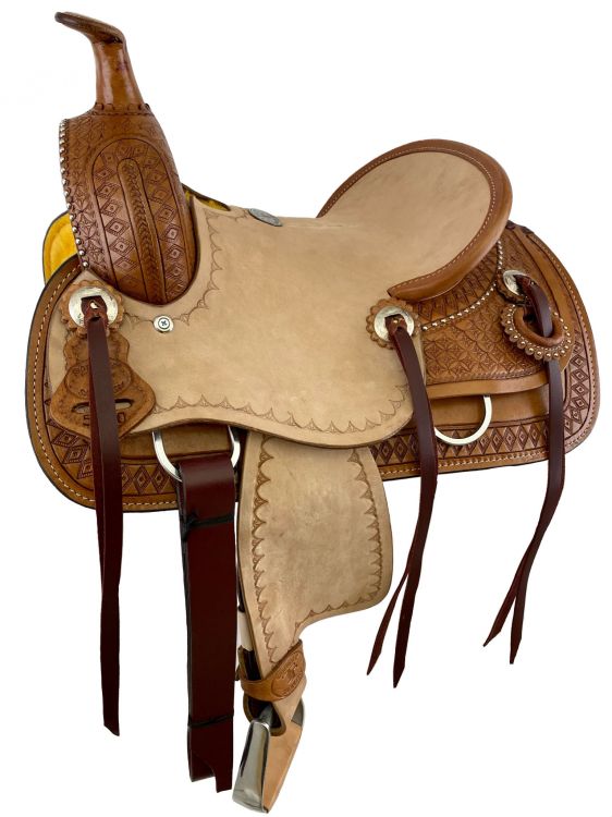 12" Double T  Hard Seat Roping Style Saddle With Diamond Tooling-FREE SHIPPING