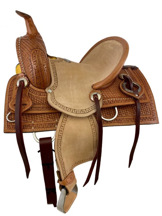 12" Double T  Hard Seat Roping Style Saddle With Basket Weave Tooling-FREE SHIPPING