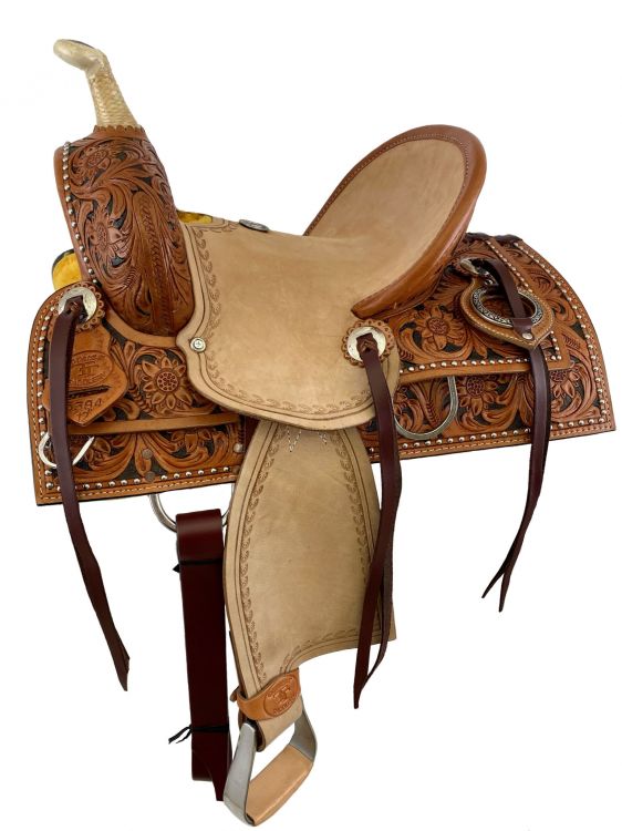 12" Double T  Hard Seat Roping Style Saddle With Floral Tooling-FREE SHIPPING