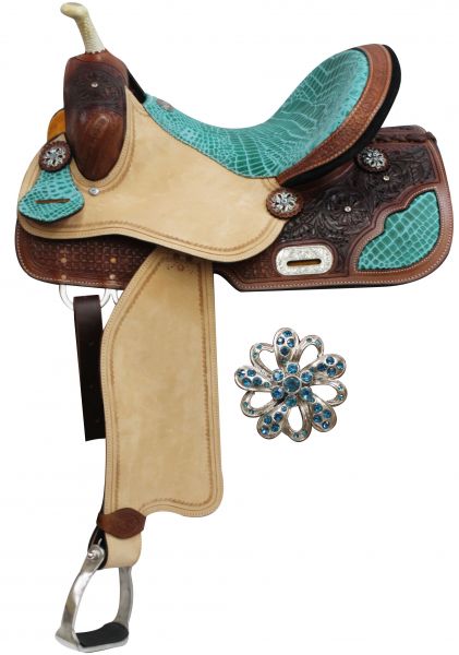 14", 15", 16" BARREL STYLE SADDLE WITH TEAL ALLIGATOR PRINT ACCENTS