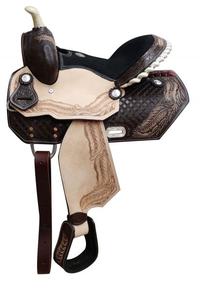 13" Youth Barrel Saddle With Tooled Feather Design-FREE SHIPPING