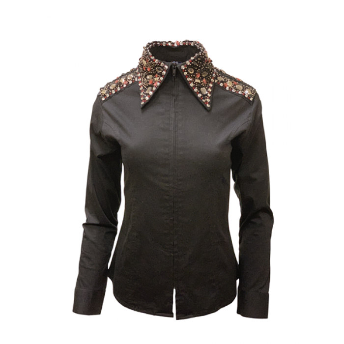 LADIES SHOW SHIRT-Jeweled Collar & Shoulders Zip UP Show Shirt-FREE SHIPPING