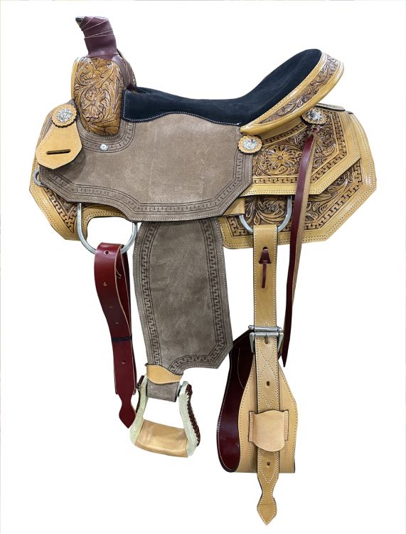 *ONE OF KIND*- 16" Light Oil Roping Saddle w/ Chocolate Rough Out Fenders/ Jockeys-ROPING WARRANTY-FREE SHIPPING