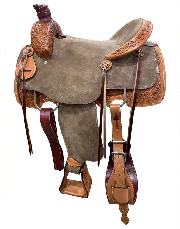 *ONE OF KIND*- 16" Medium Oil Roping Saddle w/ Chocolate Rough Out Fenders & Jockeys-ROPING WARRANTY-FREE SHIPPING