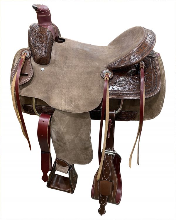 *ONE OF KIND*- 16" Dark Oil Roping Saddle w/ Chocolate Rough Out Fenders & Jockeys-ROPING WARRANTY-FREE SHIPPING