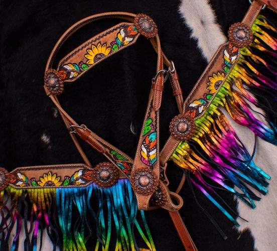 Showman ® Hand Painted Feather, Sunflower and Cactus Breast Collar Set with Metallic  Rainbow Fringe