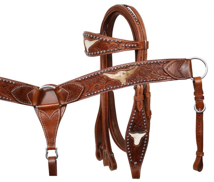 SHOWMAN LEATHER DOUBLE STITCHED TOOLED BROWBAND HEADSTALL, REINS AND BREASTCOLLAR SET