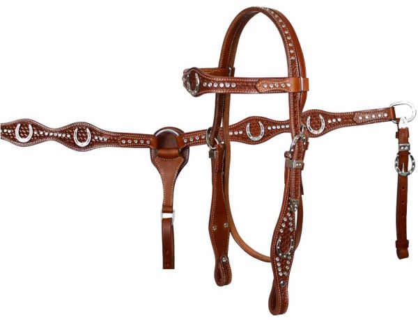 Showman™ Double Stitched Tooled Leather Headstall/ Breast Collar Set W/Rhinestones-FREE SHIPPING