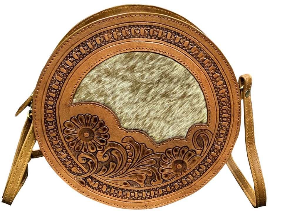 Medium Leather Round Crossbody Bag With Cowhide Inlay-FREE SHIPPING