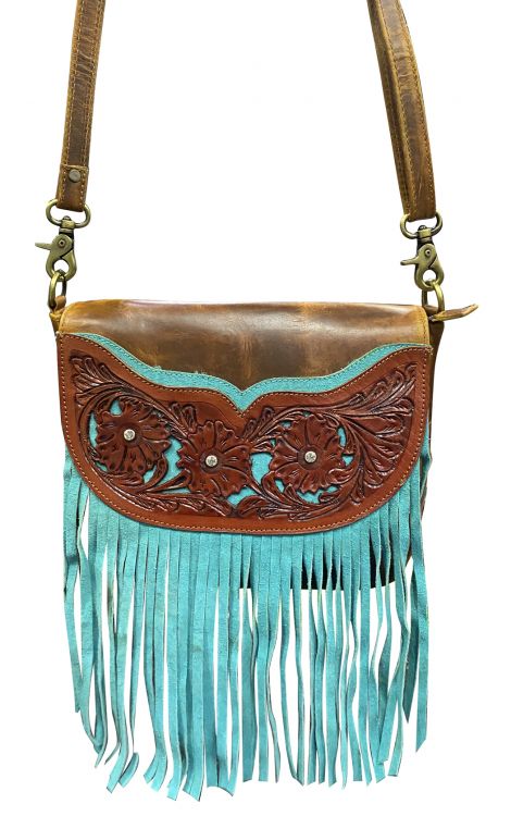 Leather Crossbody Bag with Teal Fringe-FREE SHIPPING
