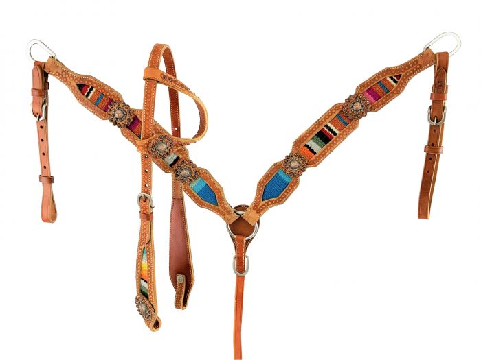 Browband Headstall & Breast Collar Set With Wool Serape Saddle Blanket Inlay-FREE SHIPPING