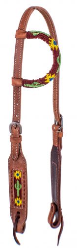 Showman ® Beaded One Ear Harness Leather Headstall With Beaded Sunflower And Cactus Inlay