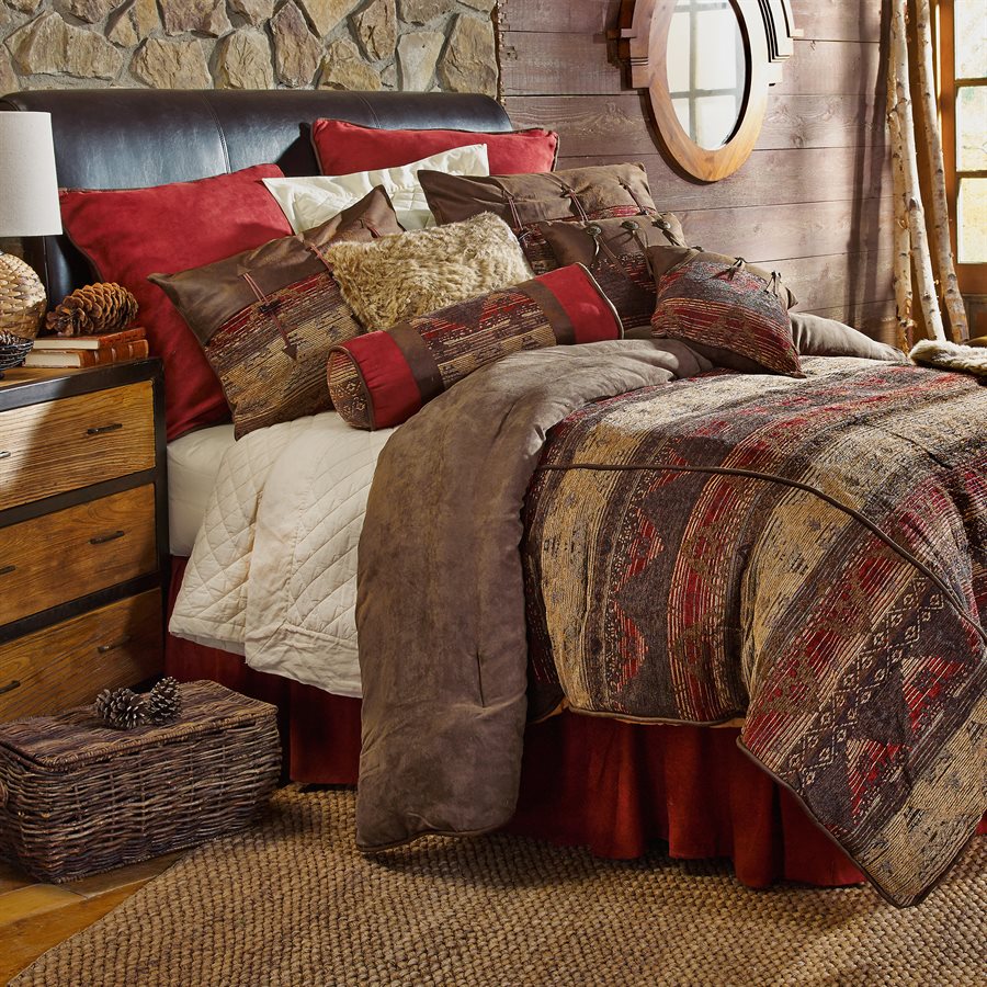 7-PC Comforter Set - Red / Tan / Brown Super King WESTERN STYLE