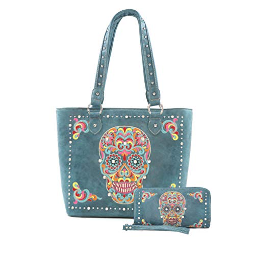 American Bling Embroidered Sugar Skull Tote and Wallet Set-Turquoise-FREE SHIPPING