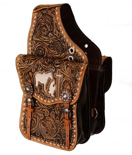 Showman ® Tooled Leather Saddle Bag With Cutout Praying Cowboy