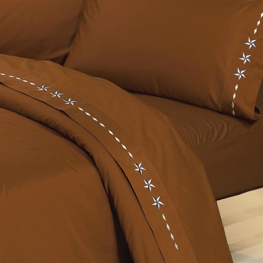 Western Style Embroidered Star Sheet Set, Copper-CALIFORNIA KING-FREE SHIPPING
