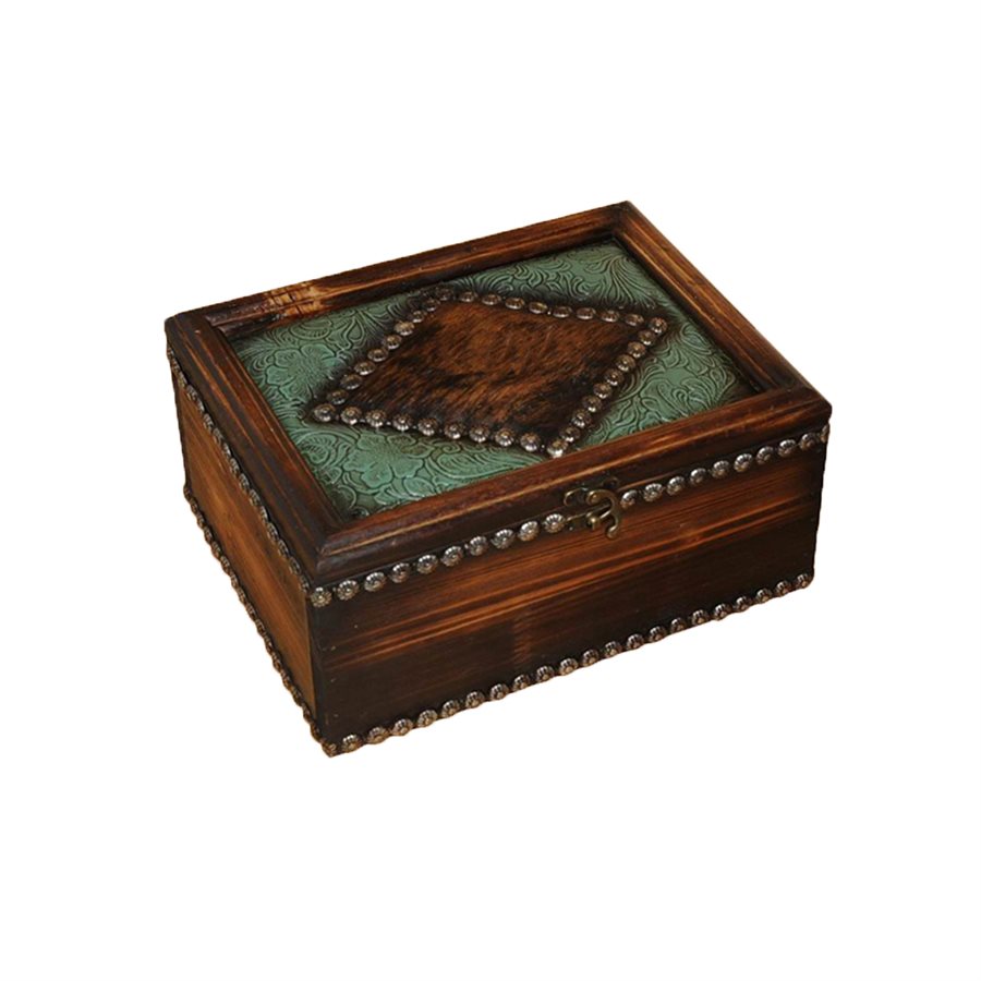 Trinket Box w / Tooled Faux Leather & Genuine Hide Accents-FREE SHIPPING