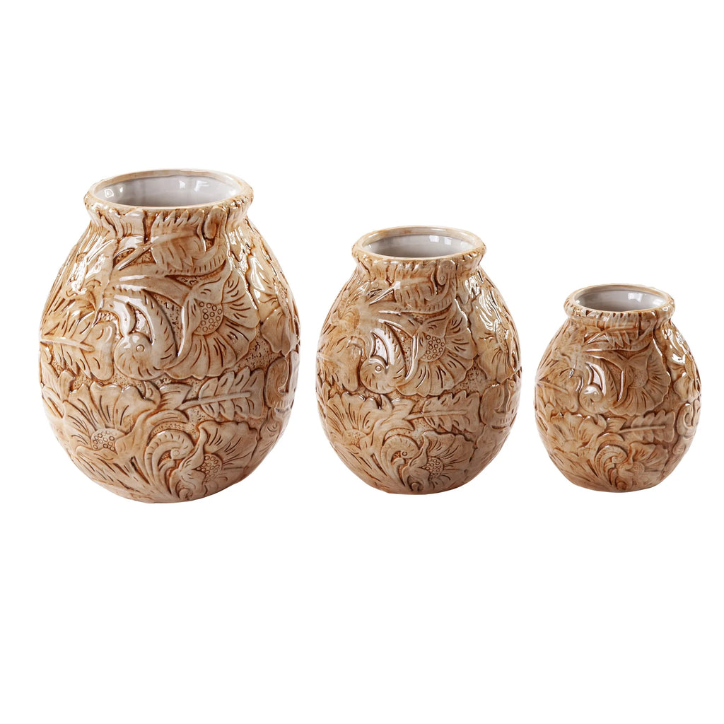 Chestnut Tooled Leather 3PC Vase Set, Case of 2 Sets-FREE SHIPPING