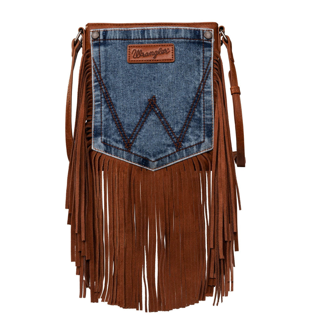 Wrangler Leather Fringe Jean Denim Pocket Crossbody - Brown-FREE SHIPPING