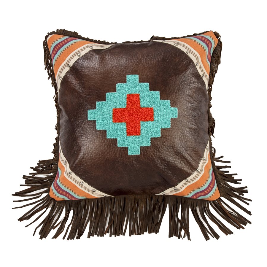 Serape Faux Leather Throw Pillow w / Aztec Embroidery-FREE SHIPPING